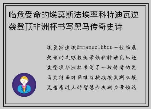 临危受命的埃莫斯法埃率科特迪瓦逆袭登顶非洲杯书写黑马传奇史诗 临危受命的埃莫斯法埃率科特迪瓦逆袭登顶非洲杯书写黑马传奇史诗