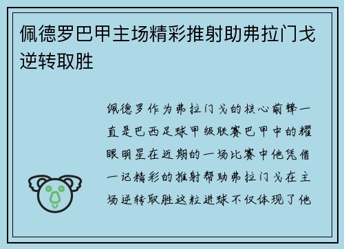 佩德罗巴甲主场精彩推射助弗拉门戈逆转取胜
